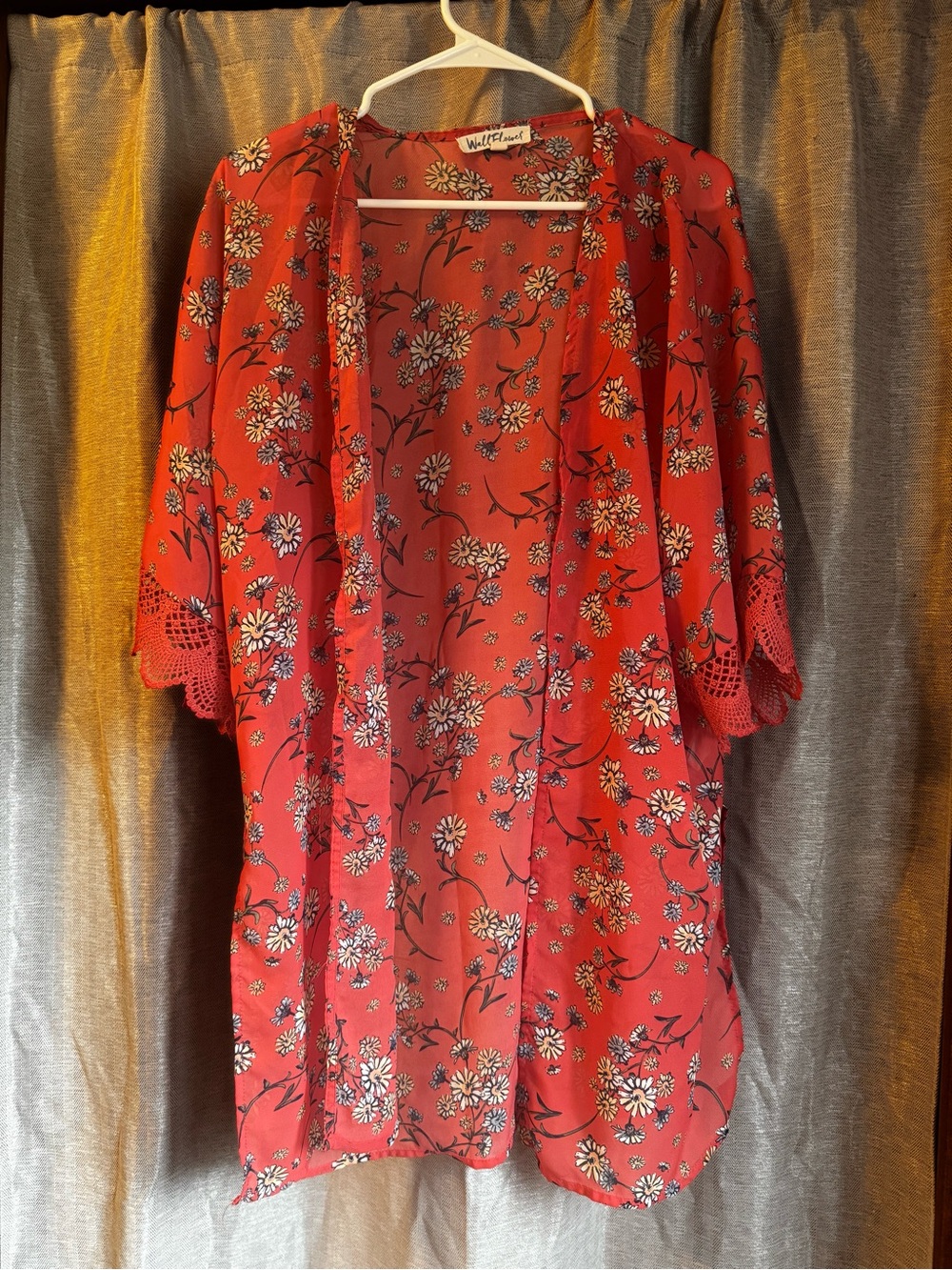 wild fable Red Floral Crochet-Trim Kimono Cardigan